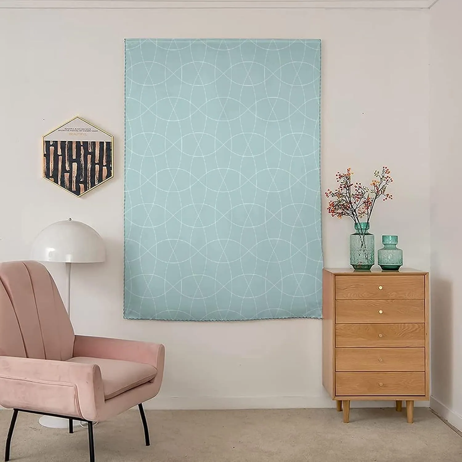 Adjustable Blackout Shades, Teal and White Portable Blackout Curtain, Traditional Arabic Tangled Lattice Pattern Print Living Room Bedroom Window Drapes,24W x40L Inches, for Children Kids Bedroom