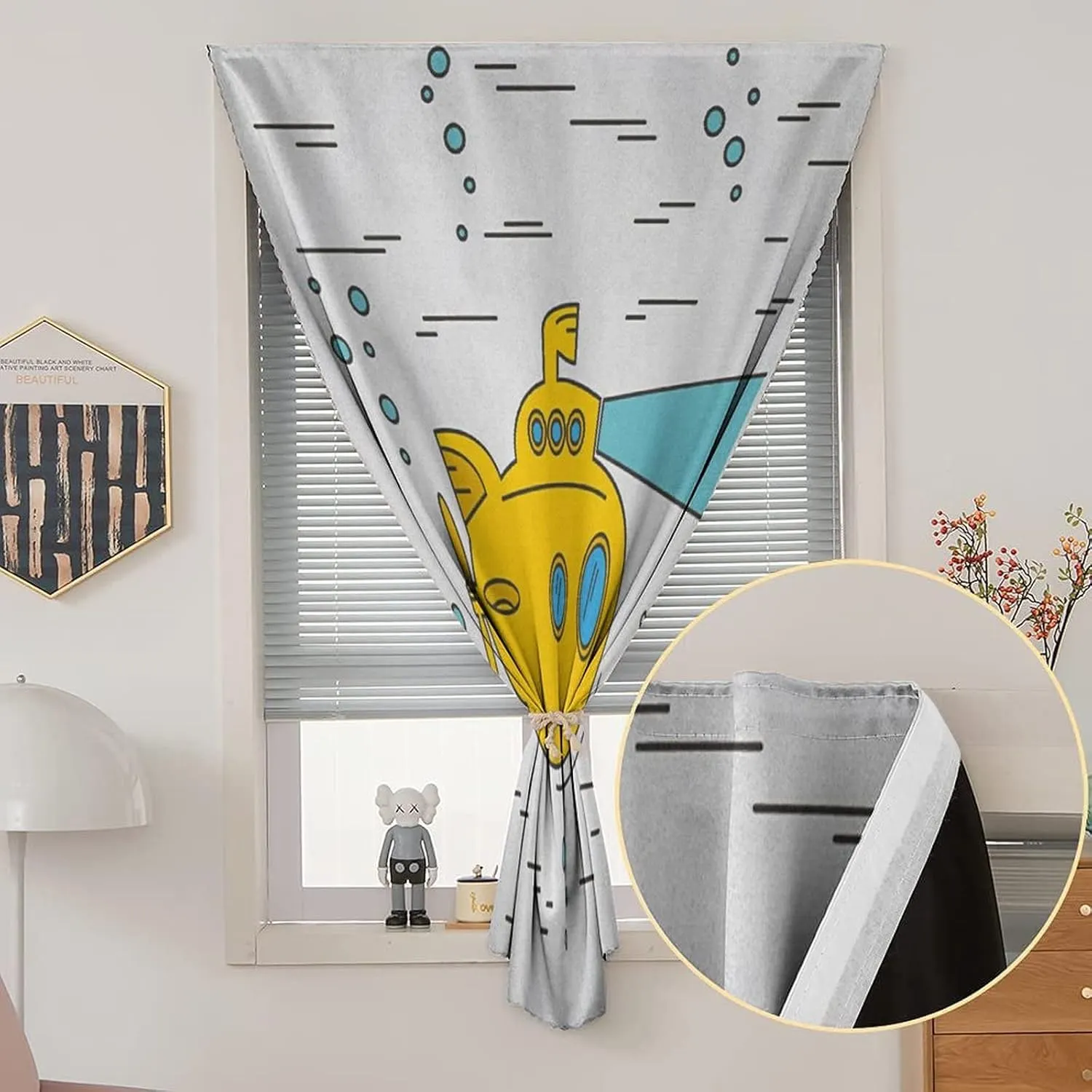 Adjustable Blackout Shades, Yellow Submarine Portable Blackout Curtain, Ocean Nautical Adventure Underwater Bubbles Cartoon Print Living Room Bedroom Window Drapes,35W x48L Inches,, for Bathroom
