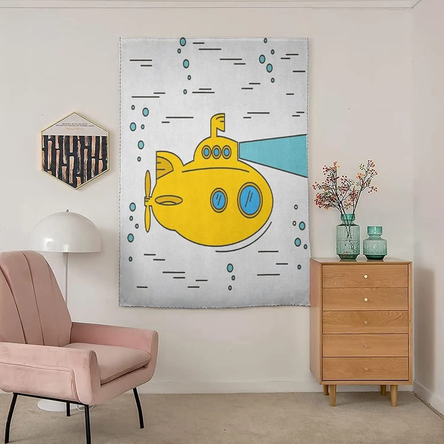 Adjustable Blackout Shades, Yellow Submarine Portable Blackout Curtain, Ocean Nautical Adventure Underwater Bubbles Cartoon Print Living Room Bedroom Window Drapes,35W x48L Inches,, for Bathroom