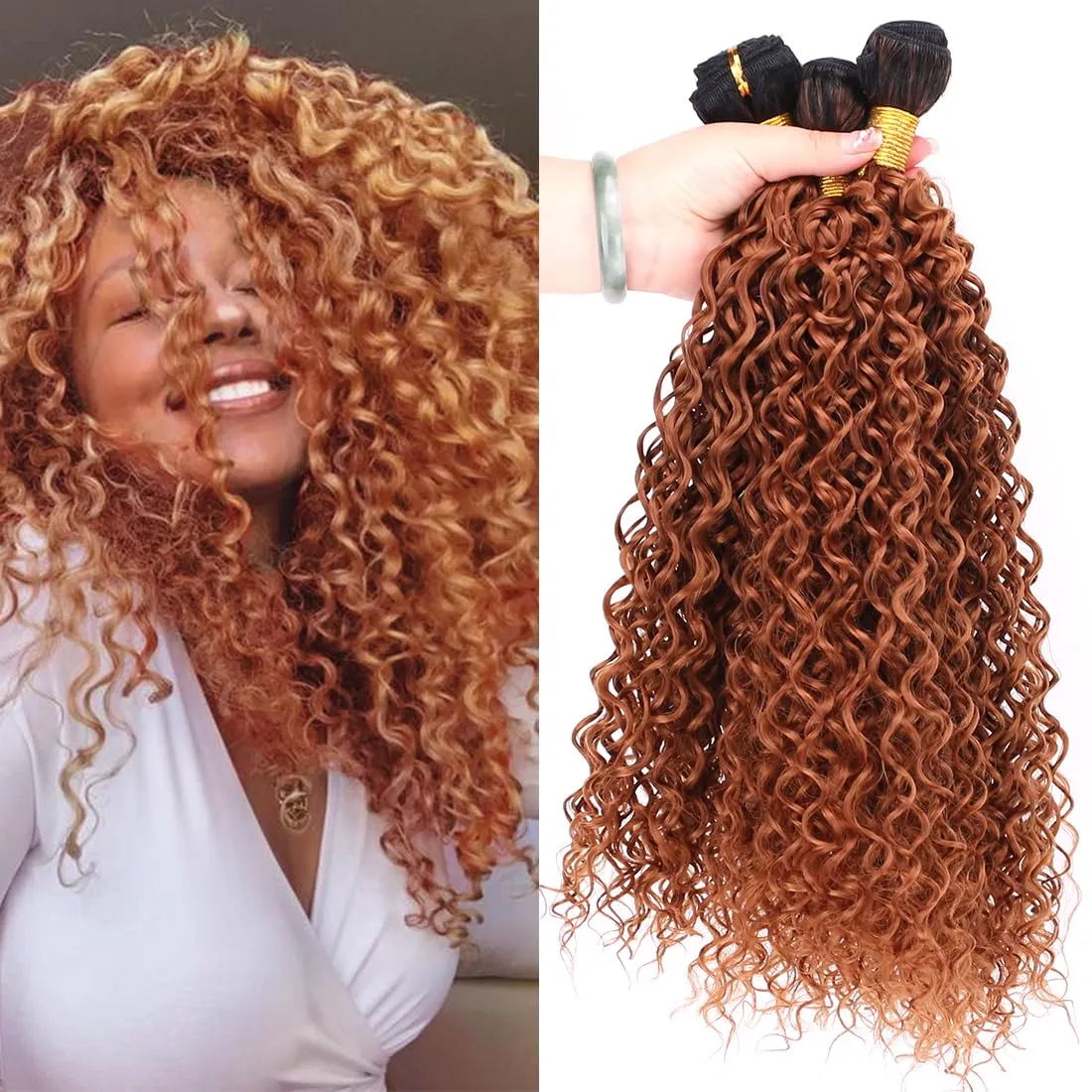 Afro Kinky Curly Synthetic Hair Weave 3 Bundles 18 20 22 Inches Ombre Brown Jerry Curly Bundles High Temperature Fiber Hair Extensions for Black Women