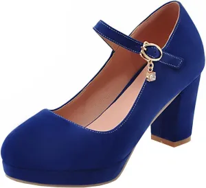 Agodor Women's Chunky Heel Mary Jane Lolita Platform Shoes Suede Round Toe Block Heel Pumps (US 7.5, Blue)