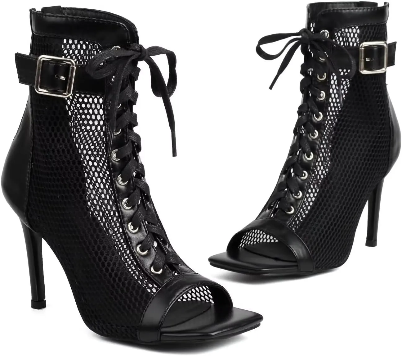 Agodor Women's Peep Toe Stiletto High Heels Lace Wedding Shoes Square Toe Ankle Strap Platform Sandals