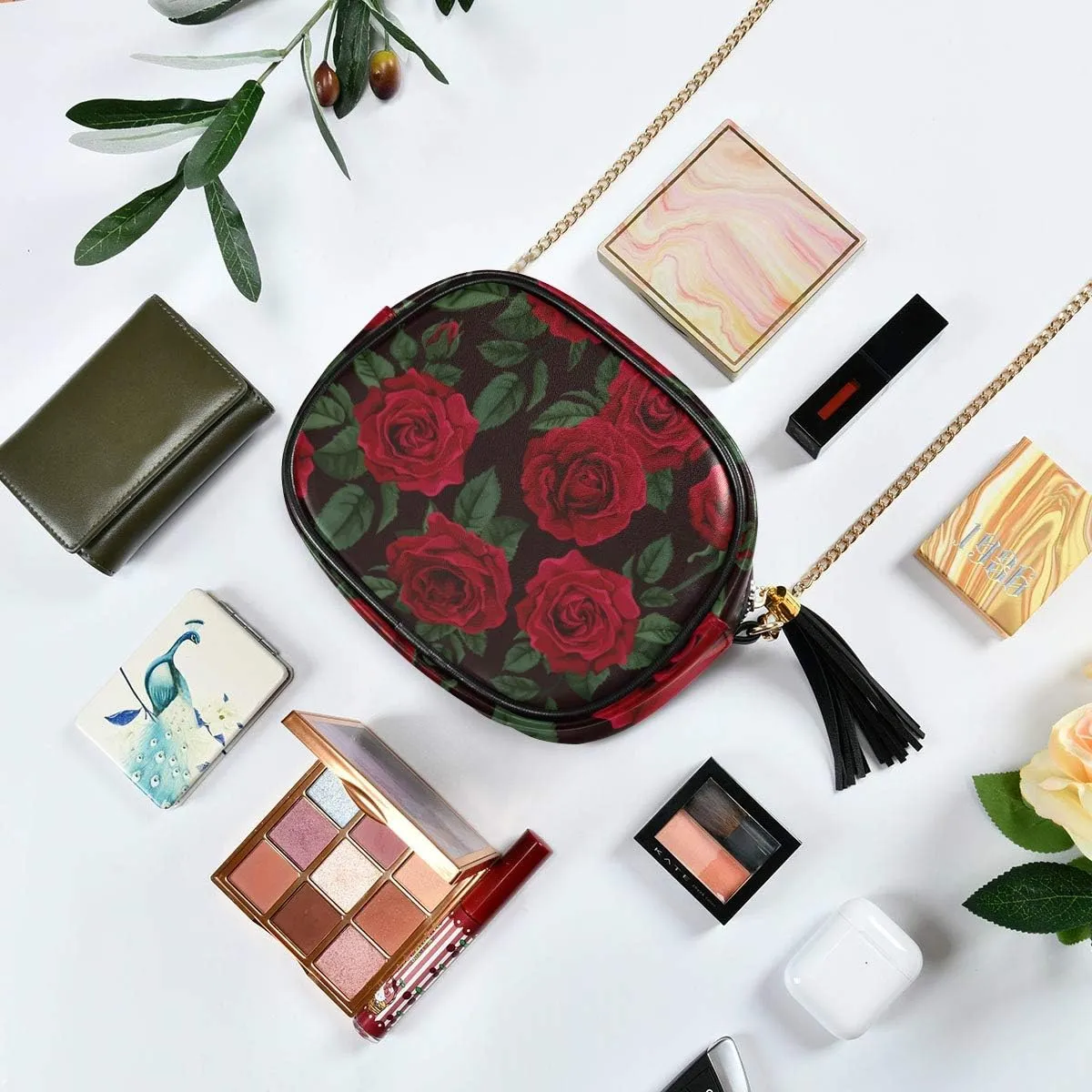 ALAZA PU Leather Small Crossbody Bag Purse Wallet Red Rose Flower Floral Cell Phone Bags with Adjustable Chain Strap & Multi Pocket