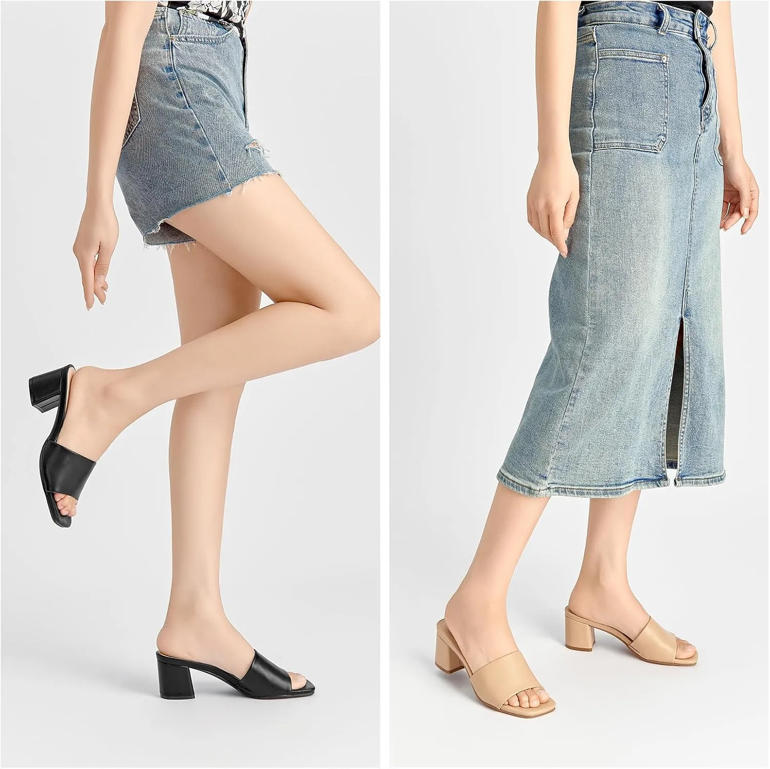 ALLOT Women's Square Toe Heeled Sandals Low Chunky Heel Comfortable Dress Heels Slip on Casual Pumps Shoes