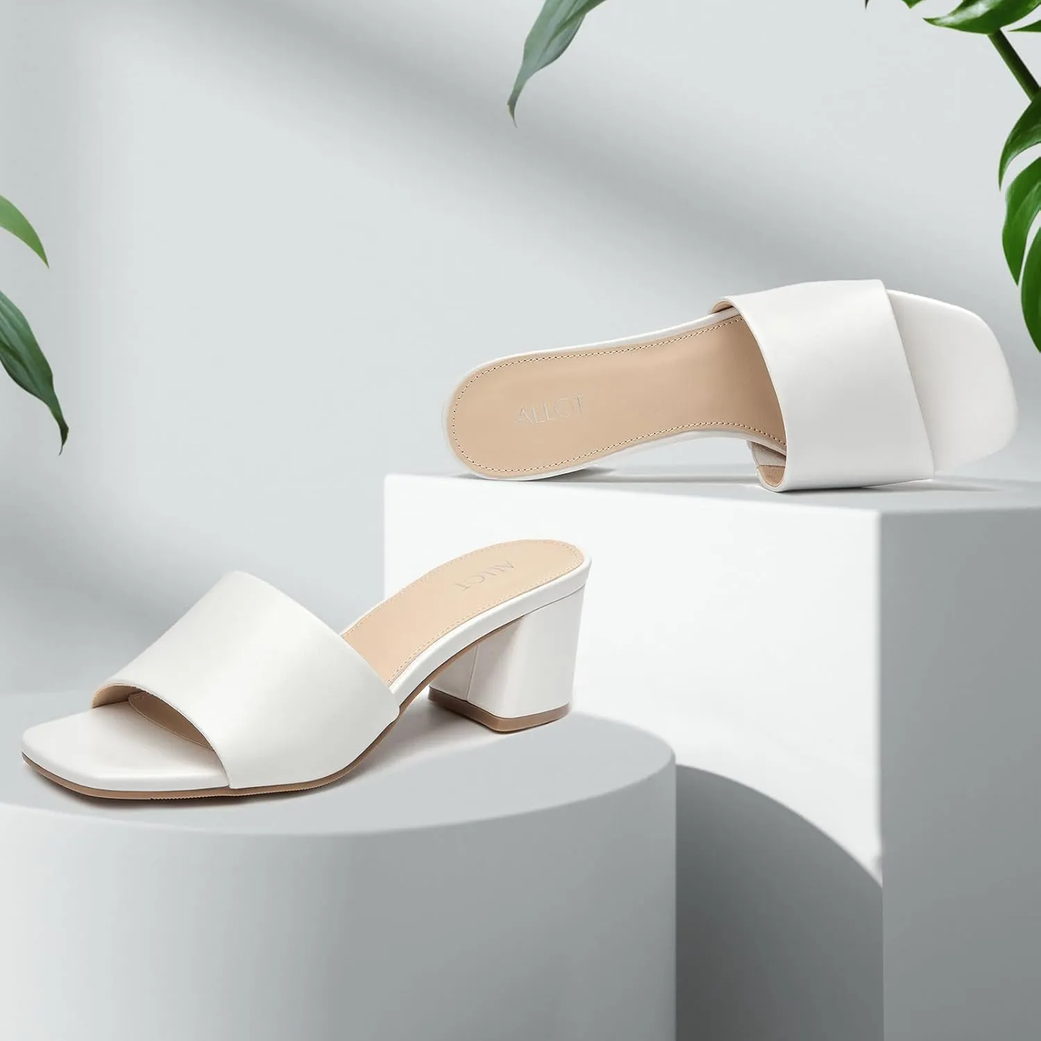 ALLOT Women's Square Toe Heeled Sandals Low Chunky Heel Comfortable Dress Heels Slip on Casual Pumps Shoes