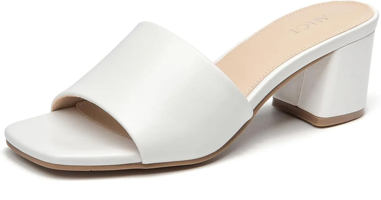 ALLOT Women's Square Toe Heeled Sandals Low Chunky Heel Comfortable Dress Heels Slip on Casual Pumps Shoes