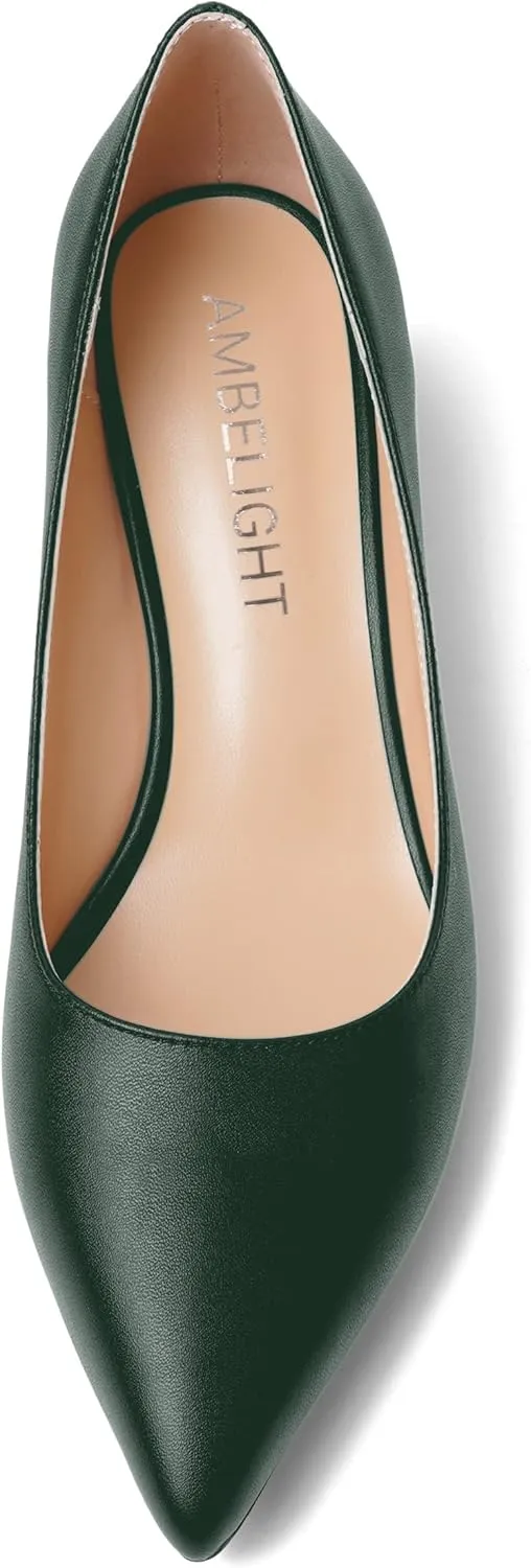 AMBELIGHT Womens Pointed Toe Casual Block Office Matte Slip On Chunky Low Heel Pumps Shoes 2 Inch