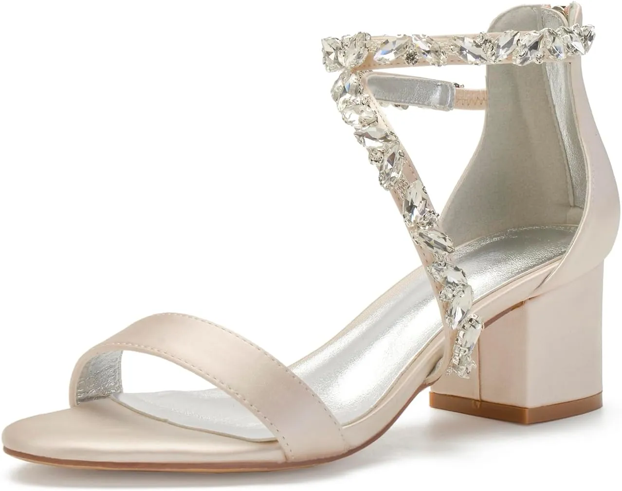 Anna's Bridal White Block Heels Sandals for Women Wide Width Crystal Wedding Shoes for Bride Low Heel Comfortable Pump for Prom Party