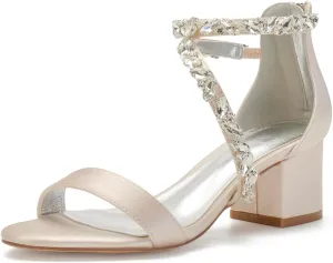 Anna's Bridal White Block Heels Sandals for Women Wide Width Crystal Wedding Shoes for Bride Low Heel Comfortable Pump for Prom Party