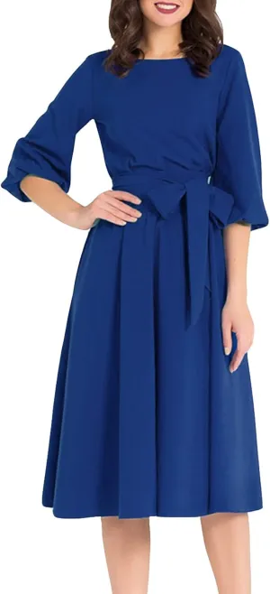 AOOKSMERY Women Elegance Audrey Hepburn Style Round Neck 3/4 Puff Sleeve Swing Midi Dress Long Belt Dresses with Pockets