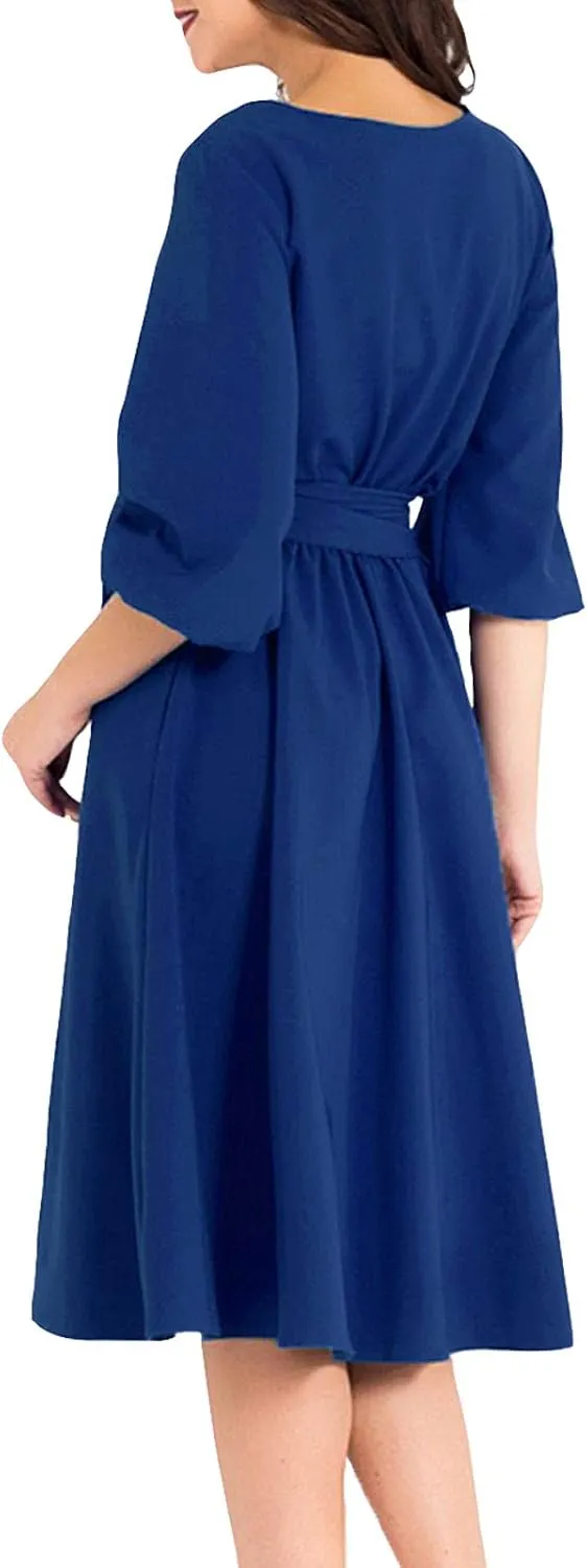 AOOKSMERY Women Elegance Audrey Hepburn Style Round Neck 3/4 Puff Sleeve Swing Midi Dress Long Belt Dresses with Pockets