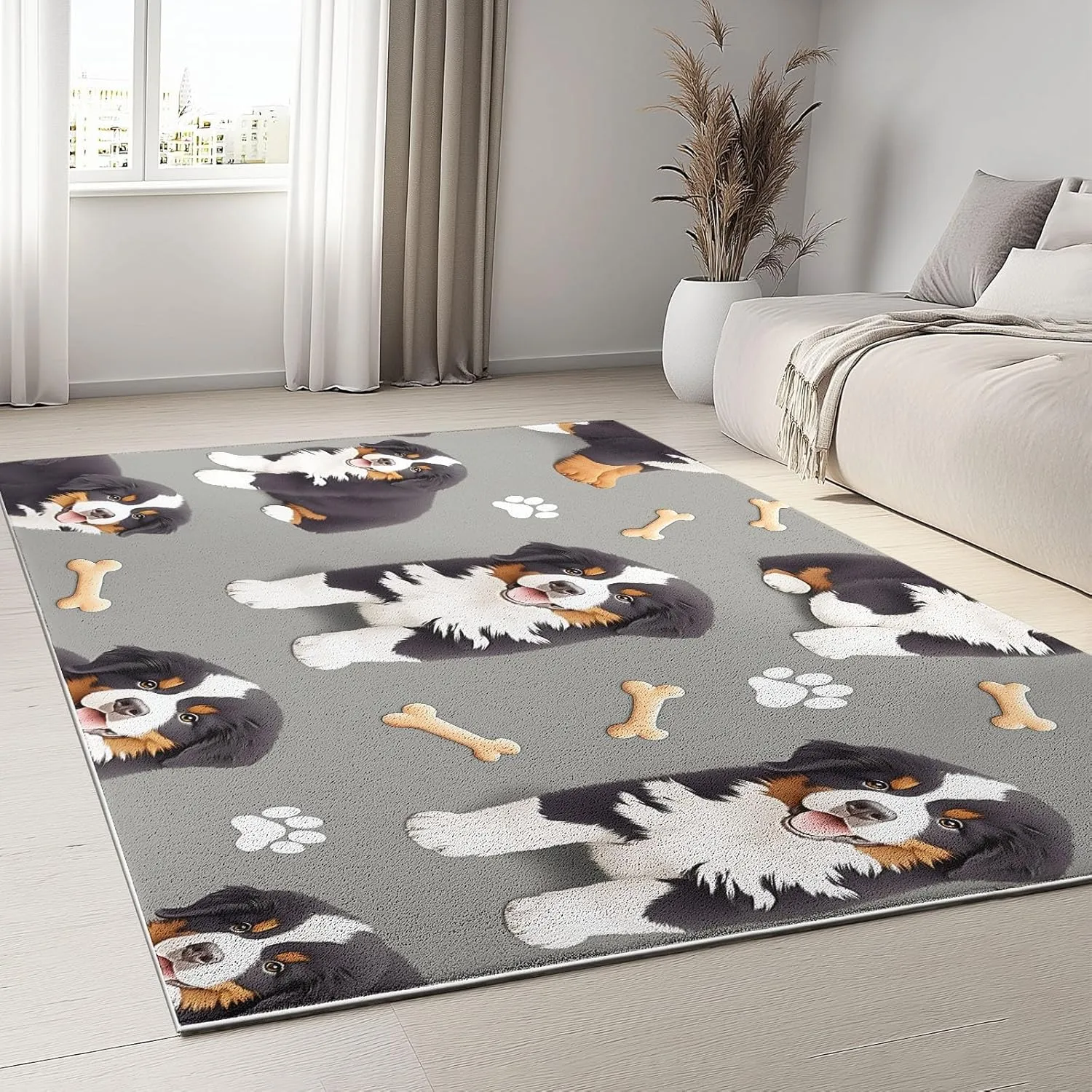 Area Rugs Cartoon Animal Bernese Mountain Dog Cute 5 x 8 ft Non Slip Washable Living Room Carpet Printed Low-Pile Water-Resistant Rug Grey, for Living Room Bedroom Kitchen, Runner Home Decor Area Rug