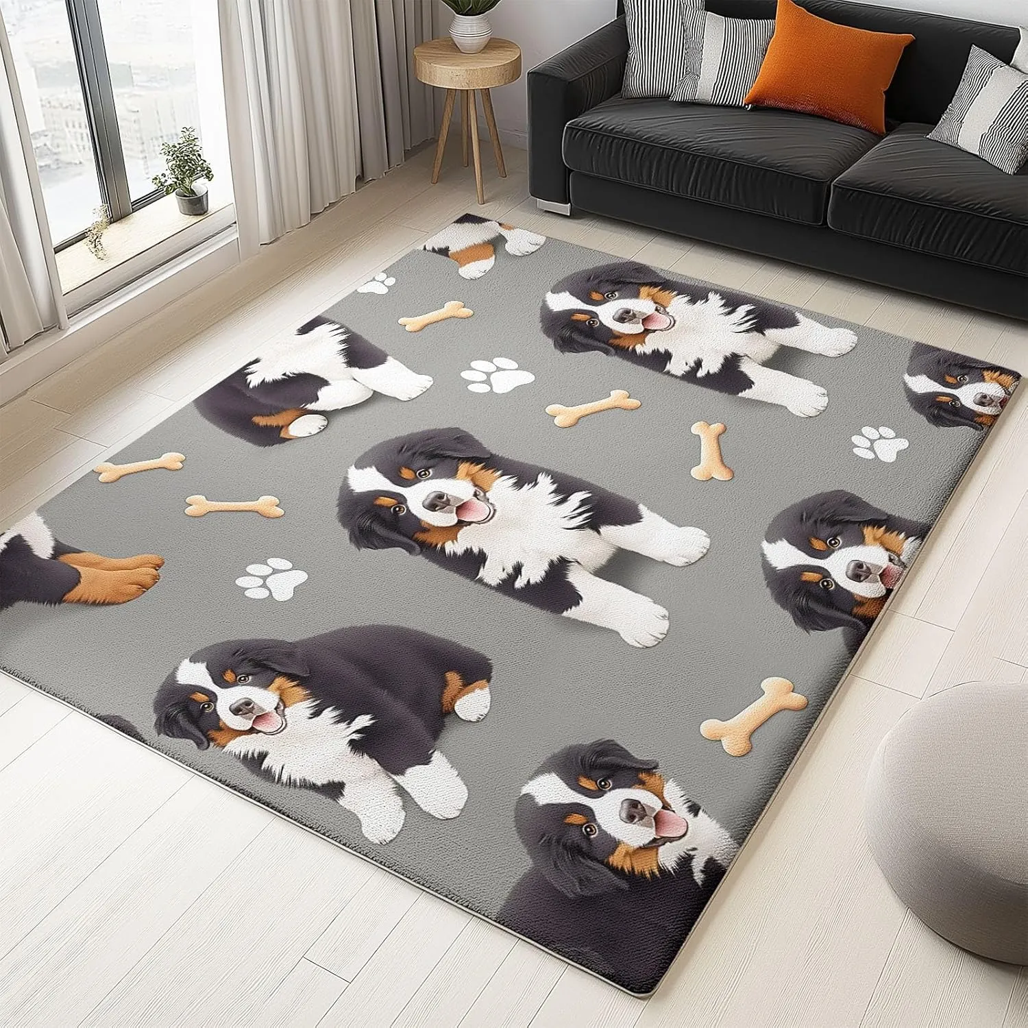 Area Rugs Cartoon Animal Bernese Mountain Dog Cute 5 x 8 ft Non Slip Washable Living Room Carpet Printed Low-Pile Water-Resistant Rug Grey, for Living Room Bedroom Kitchen, Runner Home Decor Area Rug
