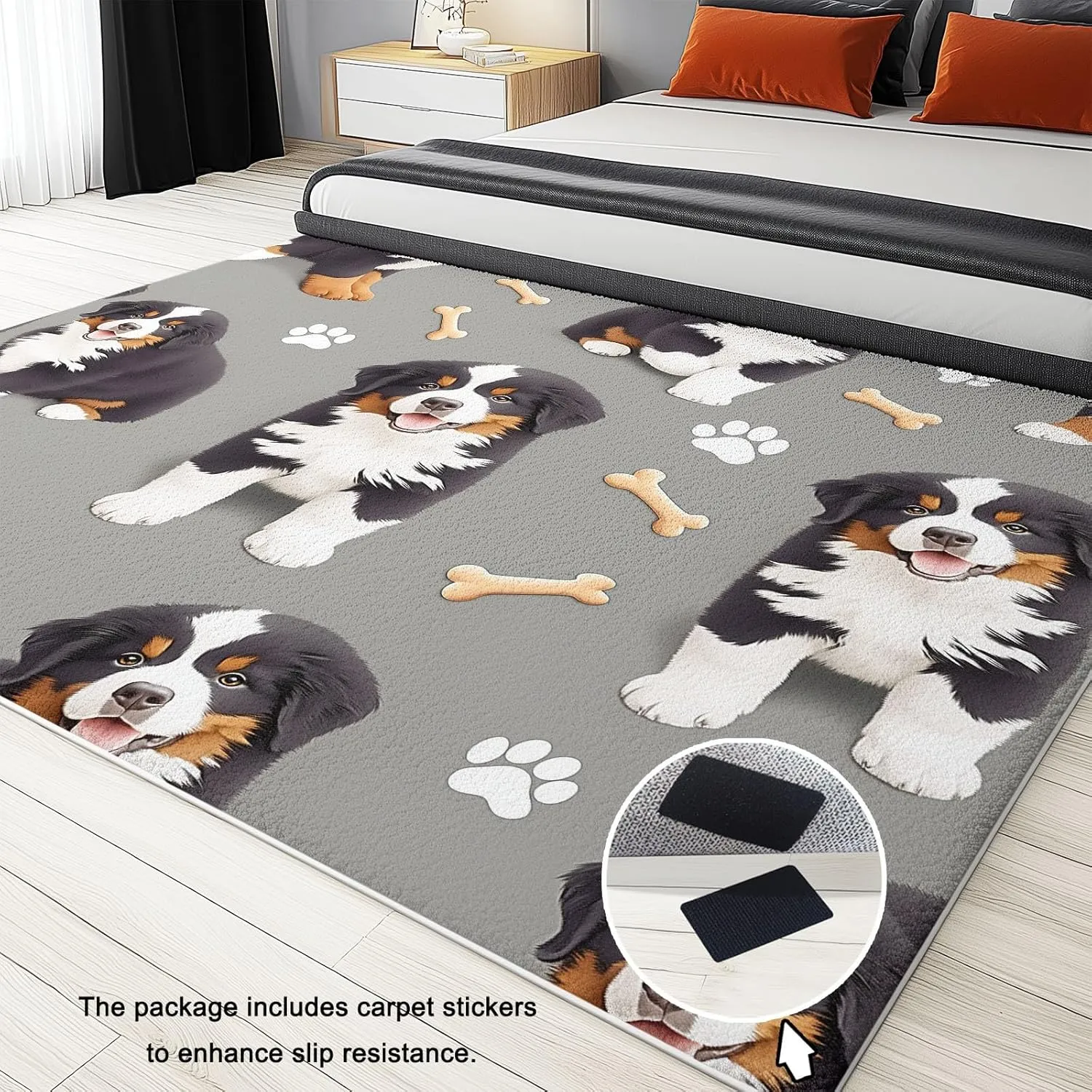 Area Rugs Cartoon Animal Bernese Mountain Dog Cute 5 x 8 ft Non Slip Washable Living Room Carpet Printed Low-Pile Water-Resistant Rug Grey, for Living Room Bedroom Kitchen, Runner Home Decor Area Rug