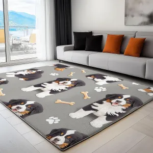 Area Rugs Cartoon Animal Bernese Mountain Dog Cute 5 x 8 ft Non Slip Washable Living Room Carpet Printed Low-Pile Water-Resistant Rug Grey, for Living Room Bedroom Kitchen, Runner Home Decor Area Rug