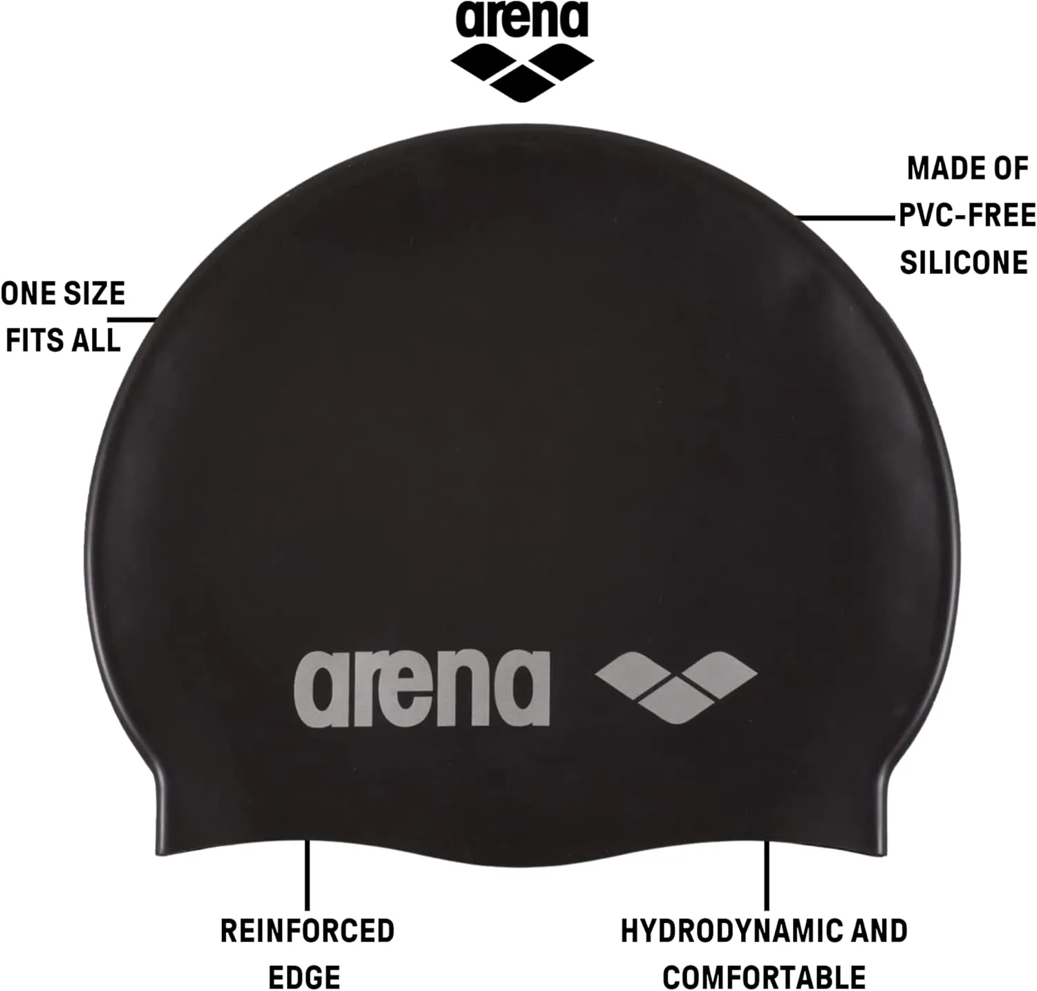 Arena Classic Unisex Soft Silicone Swim Cap for Women and Men, Intensive Training Comfortable Non-Slip Long Hair Swimming Hat