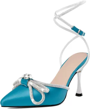 AUMOTED Women Stiletto High Heels Rhinestone Bow Heels Sparkly Wedding Closed Pointed Toe Sexy Satin Crystal Ankle Strap Pumps Bridal Dress Heeled Sandals 3.4 Inch