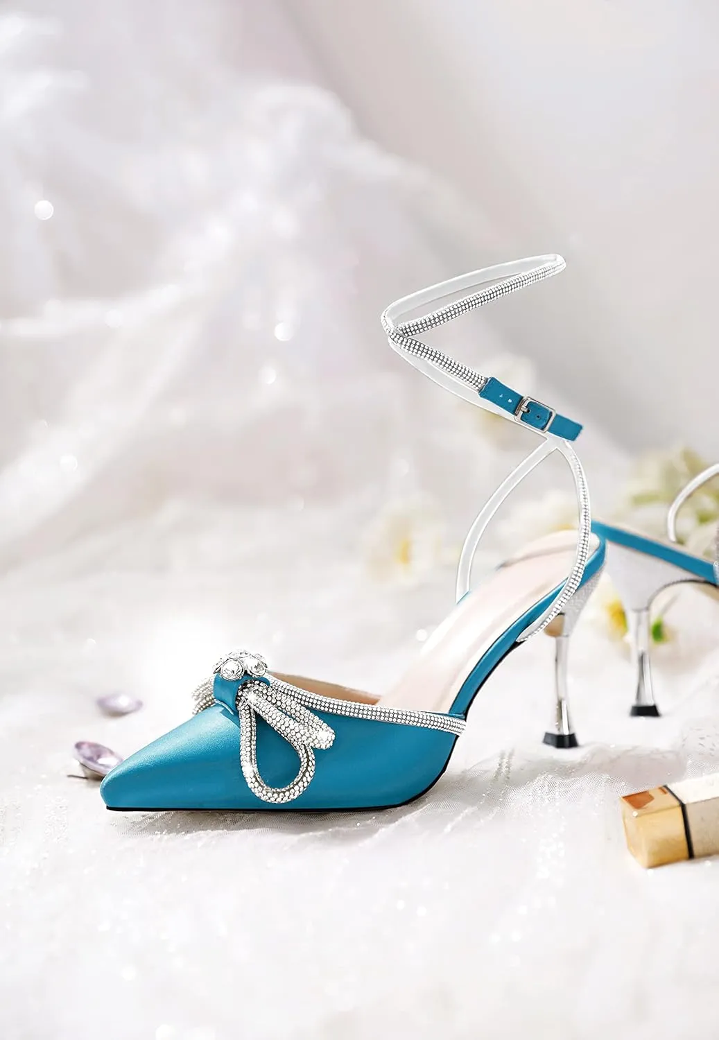 AUMOTED Women Stiletto High Heels Rhinestone Bow Heels Sparkly Wedding Closed Pointed Toe Sexy Satin Crystal Ankle Strap Pumps Bridal Dress Heeled Sandals 3.4 Inch