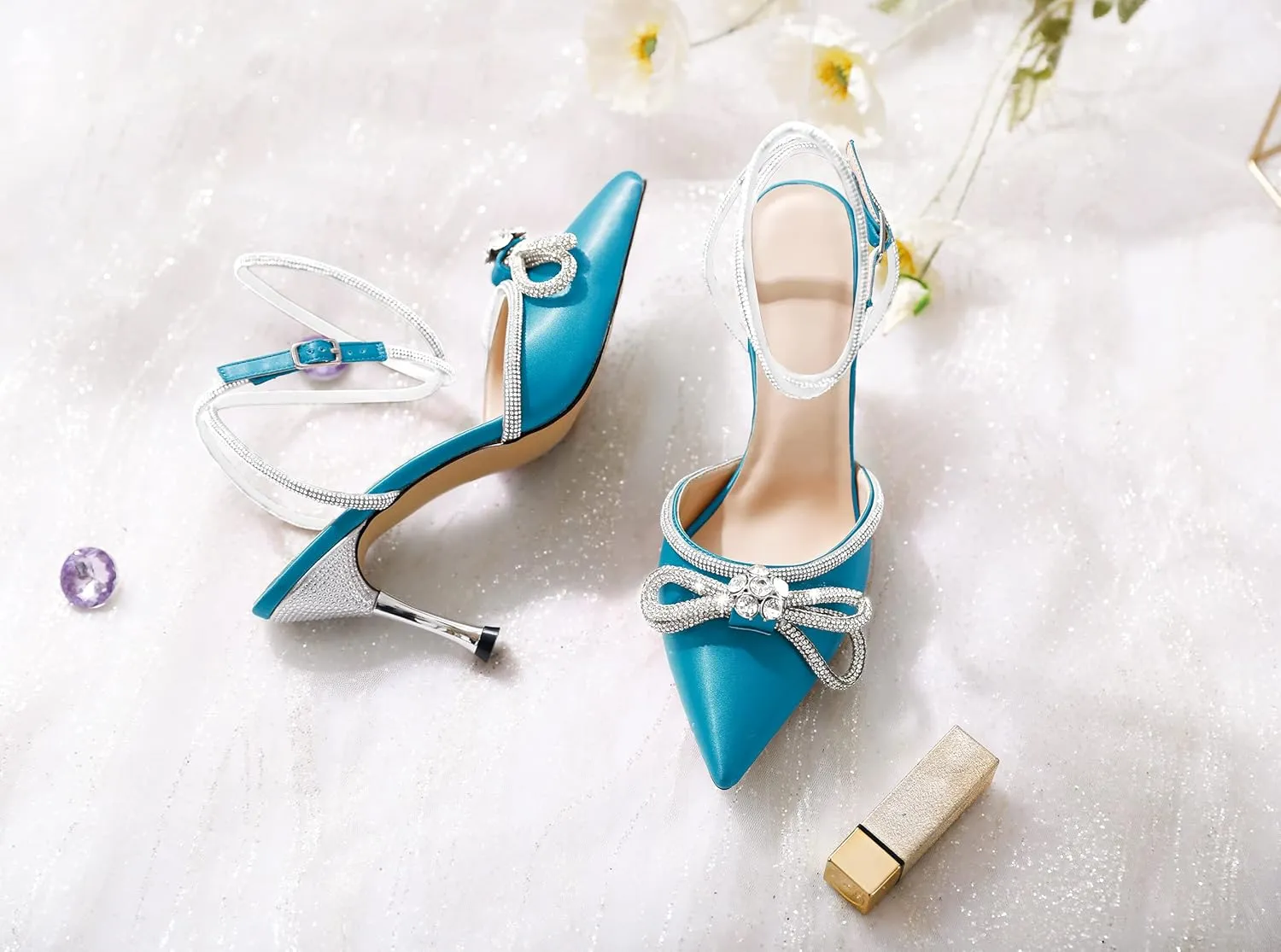 AUMOTED Women Stiletto High Heels Rhinestone Bow Heels Sparkly Wedding Closed Pointed Toe Sexy Satin Crystal Ankle Strap Pumps Bridal Dress Heeled Sandals 3.4 Inch