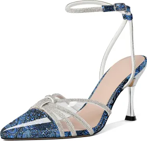 AUMOTED Women's Stiletto High Heel Pumps Ladies Clear Heels Patent Pointed Toe Pumps Crystal Rhinestones Ankle Strap Wedding Bridal Dress Heeled Sandals 3.4 Inch