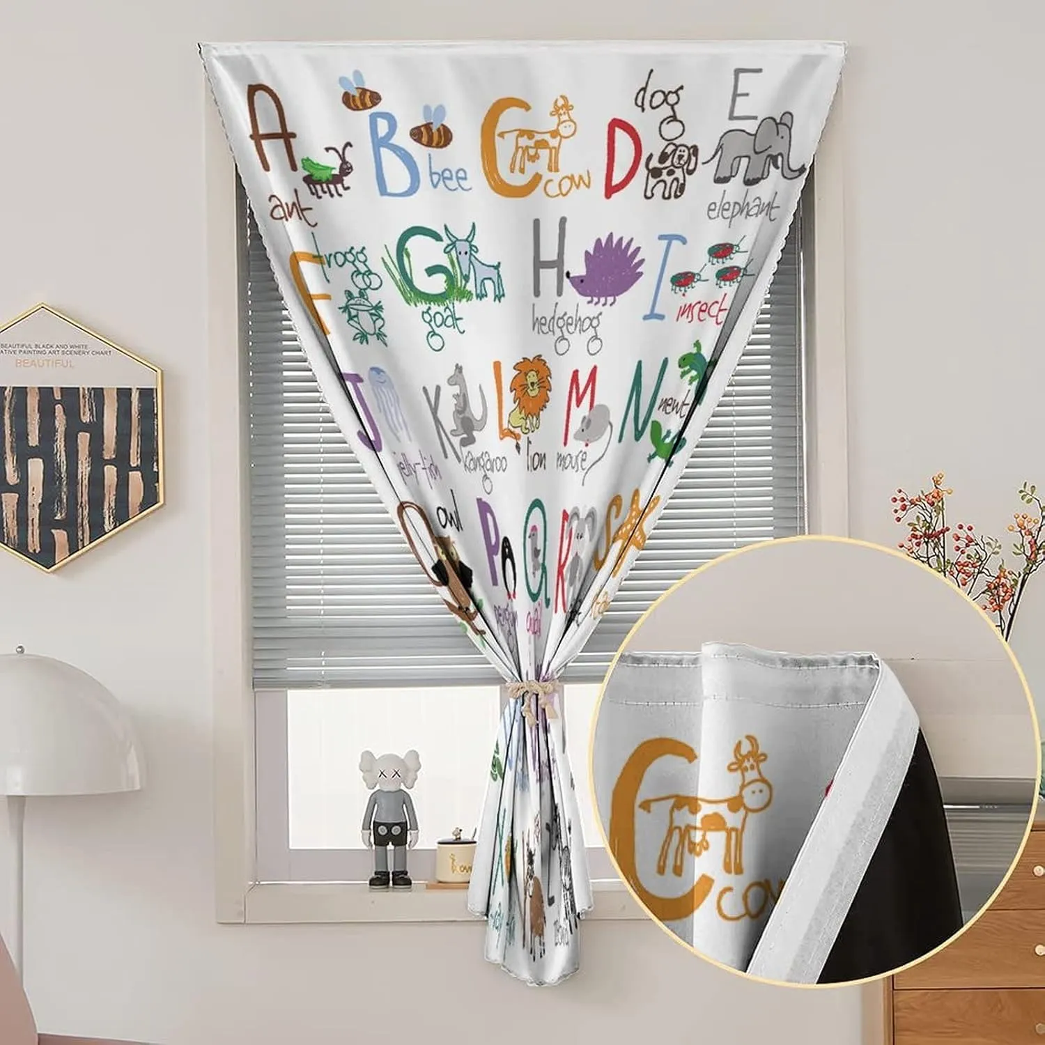 Autohesion Curtains, Cartoon Window Curtain Panel, Childrens Drawing Zoo Alphabet Print Thermal Lnsulated Room Darkening Small Drapes,35W x54L Inch, for Nursery,Children Kids Bedroom or Travel Use