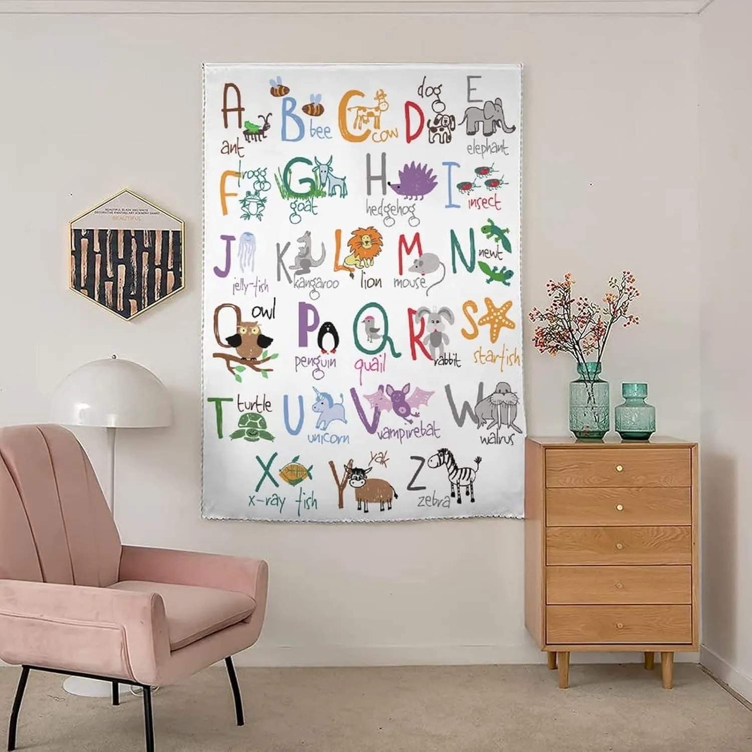 Autohesion Curtains, Cartoon Window Curtain Panel, Childrens Drawing Zoo Alphabet Print Thermal Lnsulated Room Darkening Small Drapes,35W x54L Inch, for Nursery,Children Kids Bedroom or Travel Use
