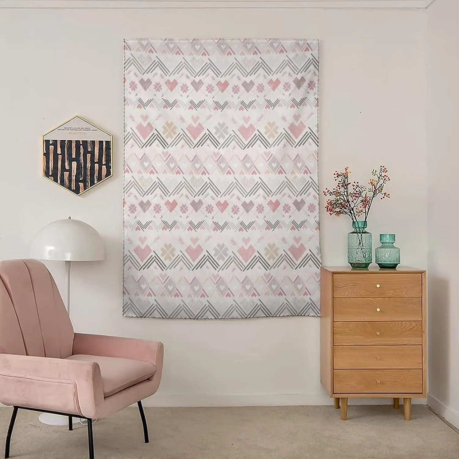 Autohesion Curtains, Pastel Window Curtain Panel, Tribal American Aztec Style Hearts Geometric Vintage Print Thermal Lnsulated Room Darkening Small Drapes,47W x63L Inches, for Bathroom Bedroom
