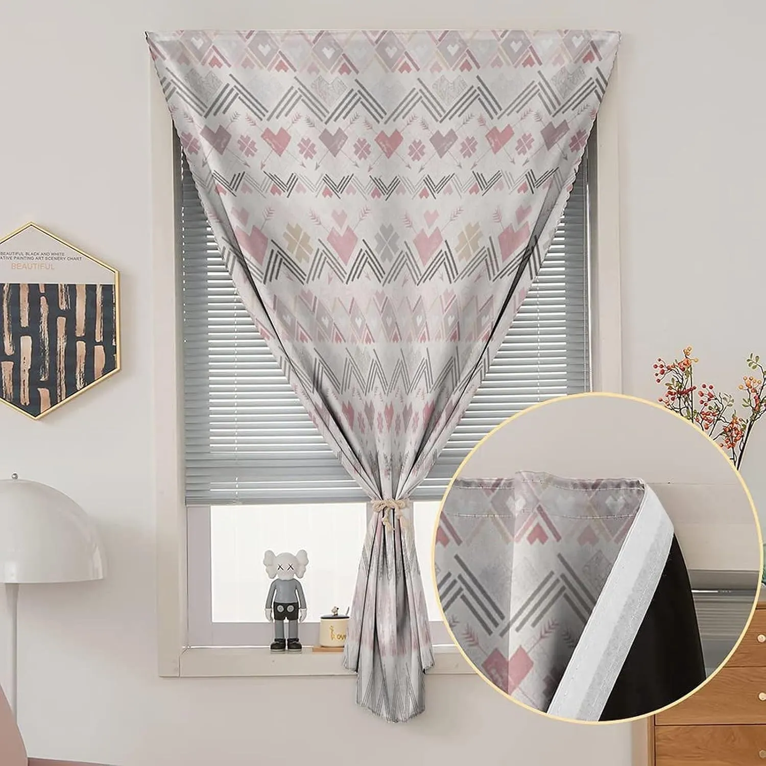 Autohesion Curtains, Pastel Window Curtain Panel, Tribal American Aztec Style Hearts Geometric Vintage Print Thermal Lnsulated Room Darkening Small Drapes,47W x63L Inches, for Bathroom Bedroom