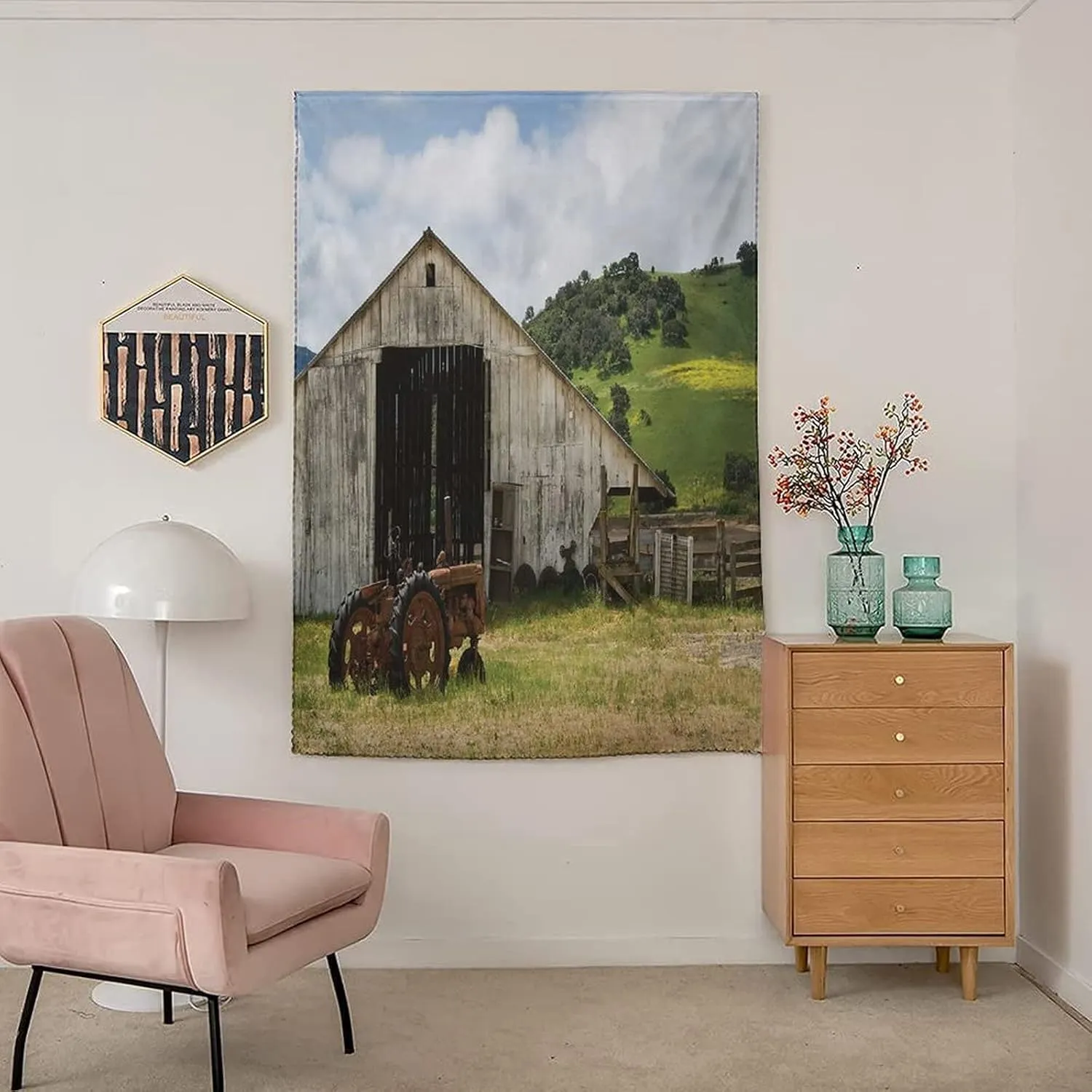 Autohesion Curtains, Rustic Window Curtain Panel, Old Wooden Barn with Rusted Tractor Hillside Enclosed Print Thermal Lnsulated Room Darkening Small Drapes,47W x54L Inches, for Bathroom Bedroom