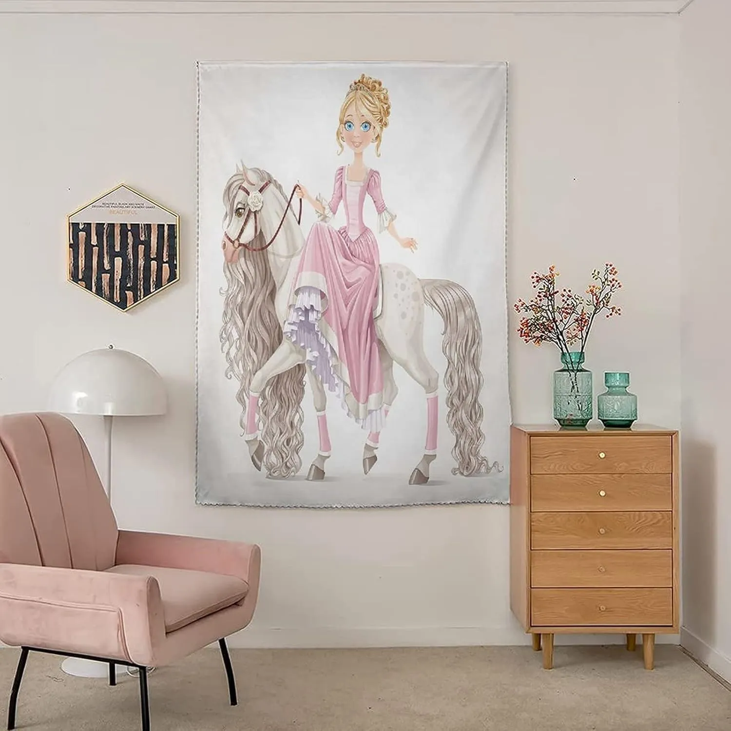 Autohesion Curtains, Teen Girls Window Curtain Panel, Pretty Smiling Princess on A White Horse Print Thermal Lnsulated Room Darkening Small Drapes,24W x40L Inches, for Nursery,Children Kids Bedroom