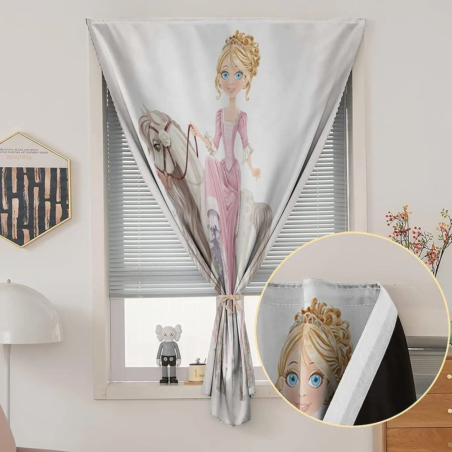 Autohesion Curtains, Teen Girls Window Curtain Panel, Pretty Smiling Princess on A White Horse Print Thermal Lnsulated Room Darkening Small Drapes,24W x40L Inches, for Nursery,Children Kids Bedroom