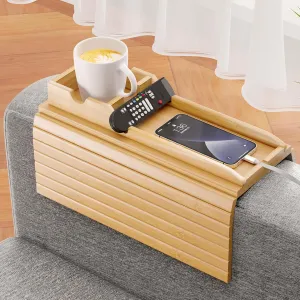 Bamboo Sofa Armrest Tray - Couch Arm Tray with Detachable Couch Cup Holder - Anti-Slip Foldable Sofa Armchair Caddy Table - Cup Holder for Drinks Cellphone TV Remote Snacks