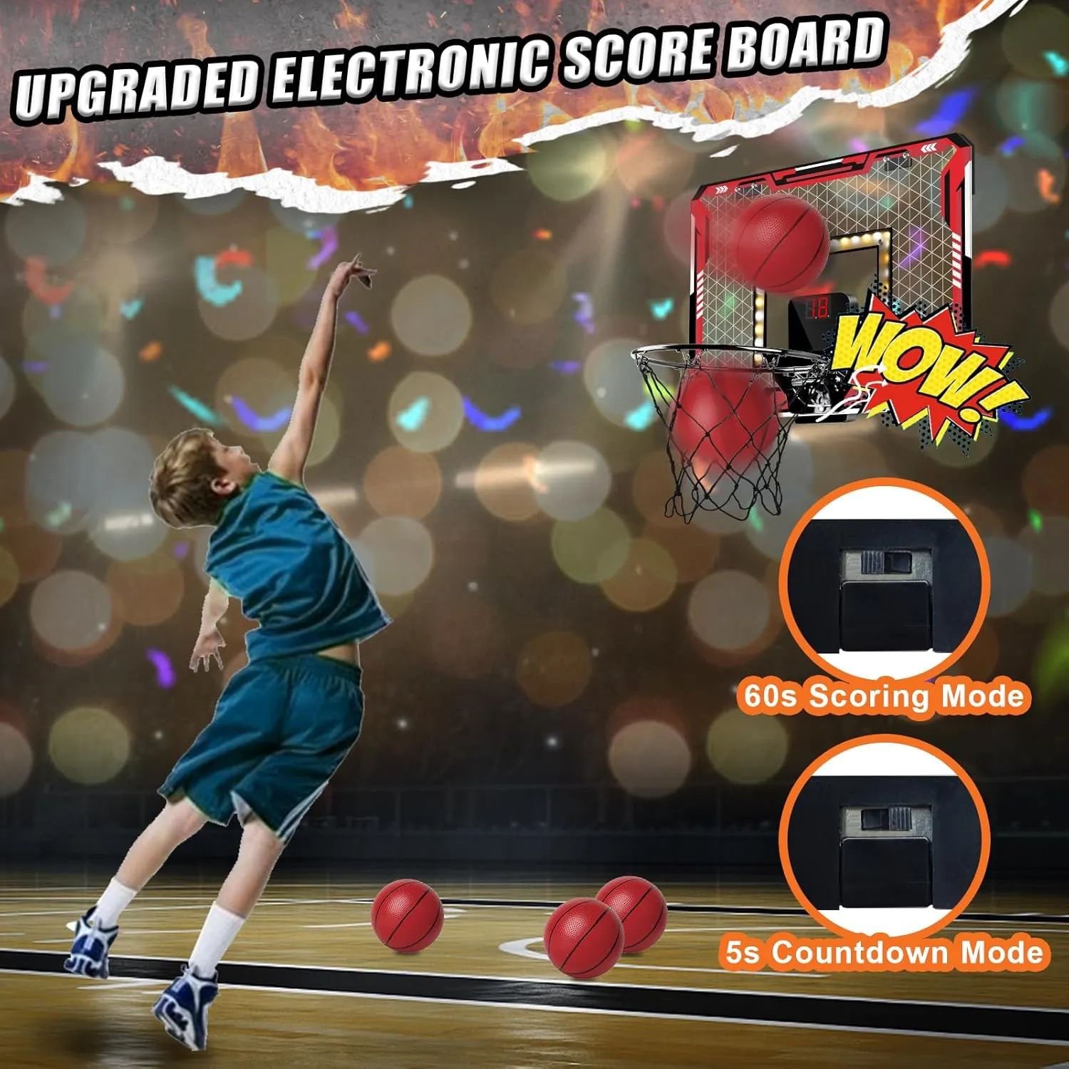 Basketball Hoop Indoor, Light Up Mini Basketball Hoop for Kid with Electronic Scoreboard & 4 Balls, Foldable Door Sports Fan Backboard Toy Room Game, Gift for Teens Boy Girl Adults Ages 3 