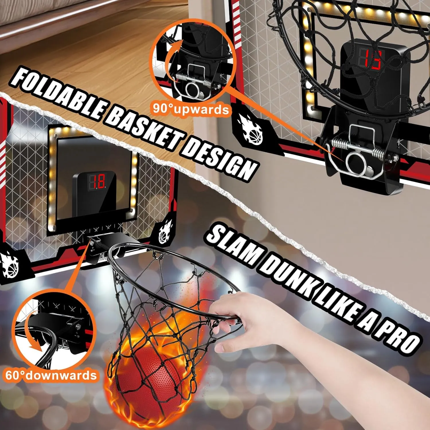 Basketball Hoop Indoor, Light Up Mini Basketball Hoop for Kid with Electronic Scoreboard & 4 Balls, Foldable Door Sports Fan Backboard Toy Room Game, Gift for Teens Boy Girl Adults Ages 3 
