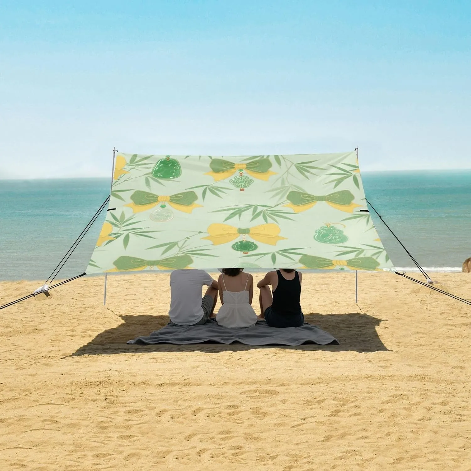 Beach Shade Tent with UPF50  UV Protection,Chinese Style Bows Jade Pendant Lightweight Camping Sun Shelter for Outdoor,Camping Trips, Fishing, Backyard,Picnics,Easy Set Up and Carry 9x10.5 FT