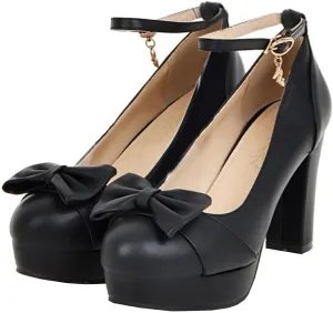BEAUPAS Women's Buckle Ankle Strap Chunky Heels Platform High Heel Pump Bow Cute Shoes
