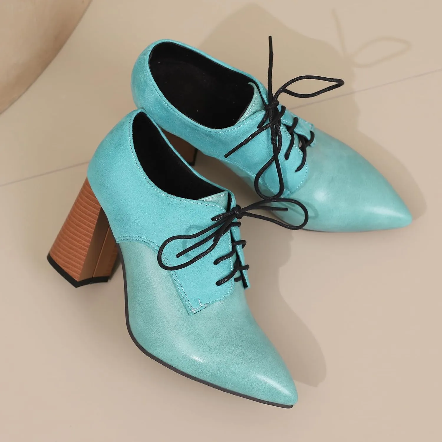 BEAUPAS Women's Lace Up Heeled Oxford Pointed Toe Chunky High Heels Pumps Block Heel Closed Toe Vintage Dress Shoes