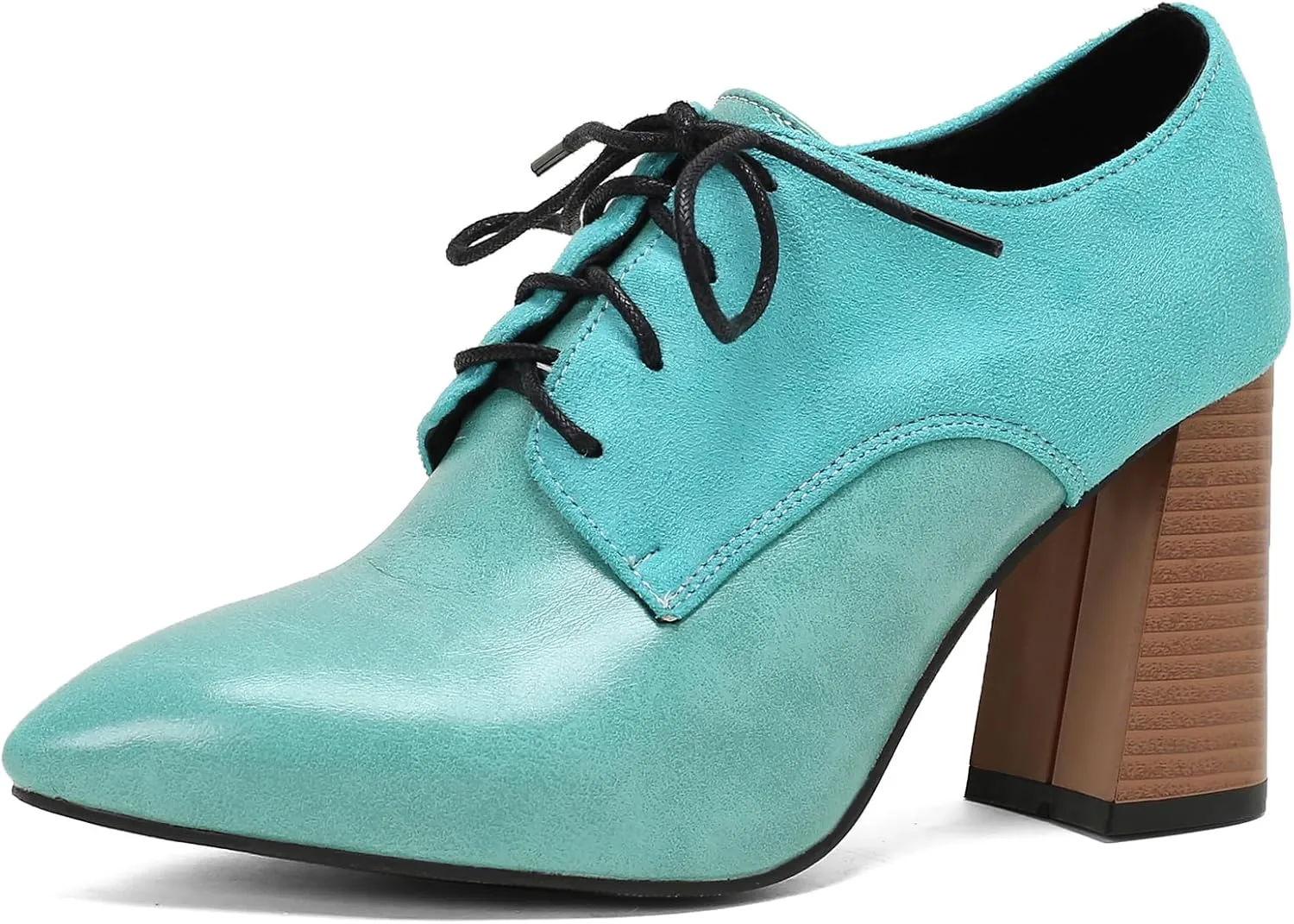 BEAUPAS Women's Lace Up Heeled Oxford Pointed Toe Chunky High Heels Pumps Block Heel Closed Toe Vintage Dress Shoes