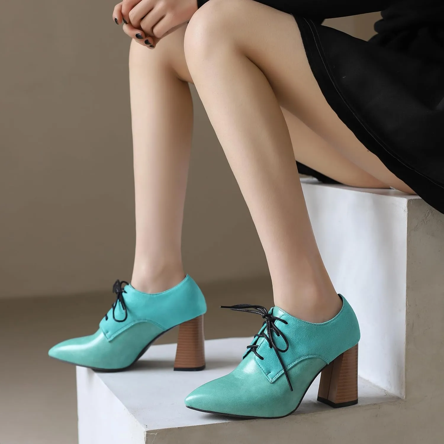 BEAUPAS Women's Lace Up Heeled Oxford Pointed Toe Chunky High Heels Pumps Block Heel Closed Toe Vintage Dress Shoes