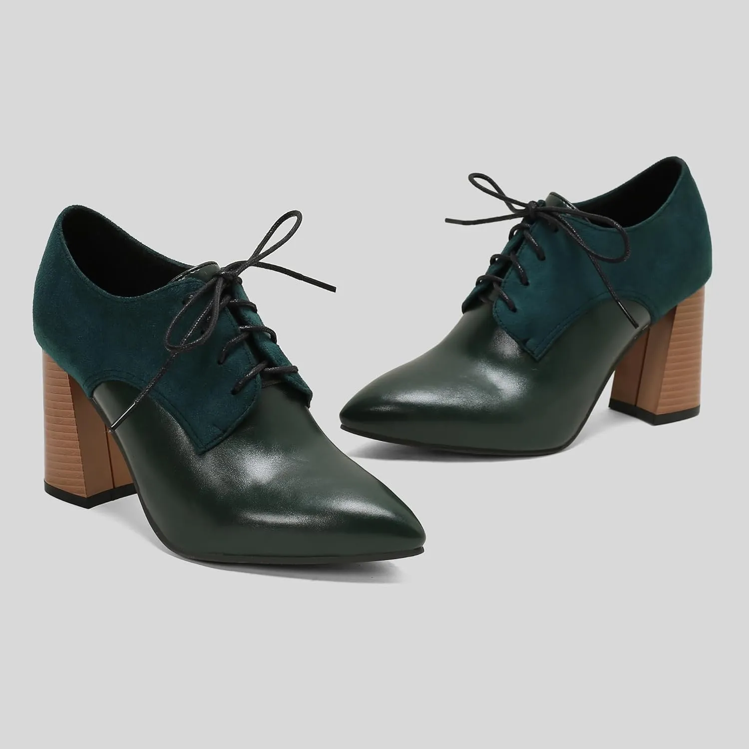 BEAUPAS Women's Lace Up Heeled Oxford Pointed Toe Chunky High Heels Pumps Block Heel Closed Toe Vintage Dress Shoes
