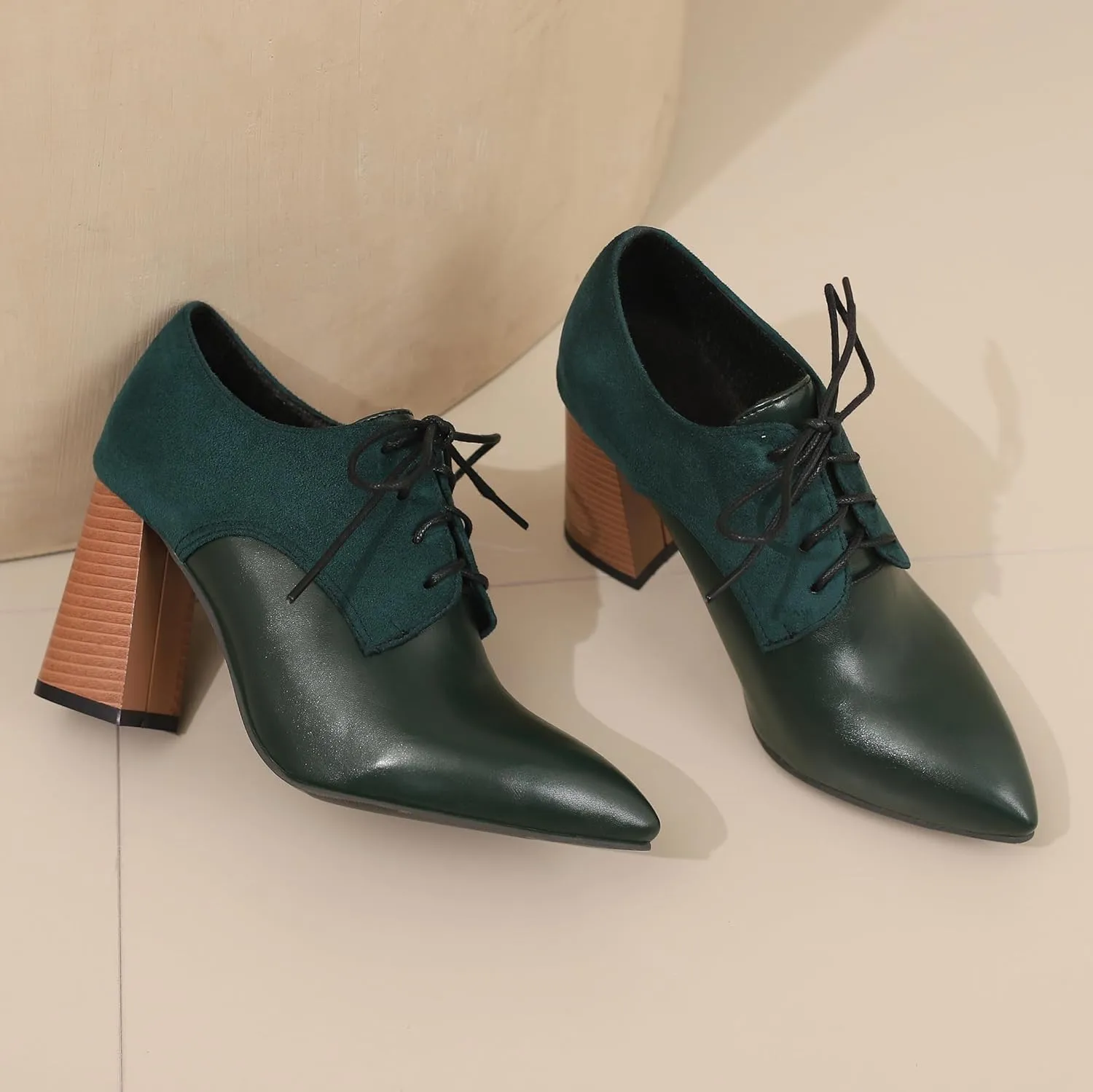 BEAUPAS Women's Lace Up Heeled Oxford Pointed Toe Chunky High Heels Pumps Block Heel Closed Toe Vintage Dress Shoes