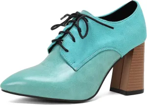 BEAUPAS Women's Lace Up Heeled Oxford Pointed Toe Chunky High Heels Pumps Block Heel Closed Toe Vintage Dress Shoes