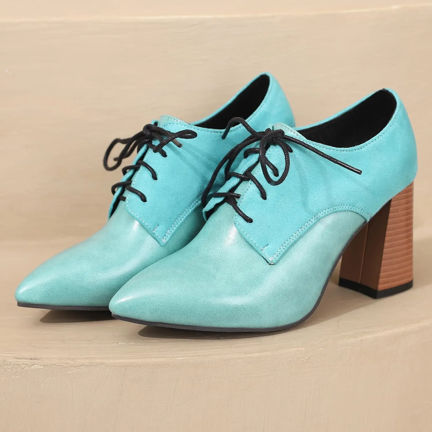 BEAUPAS Women's Lace Up Heeled Oxford Pointed Toe Chunky High Heels Pumps Block Heel Closed Toe Vintage Dress Shoes
