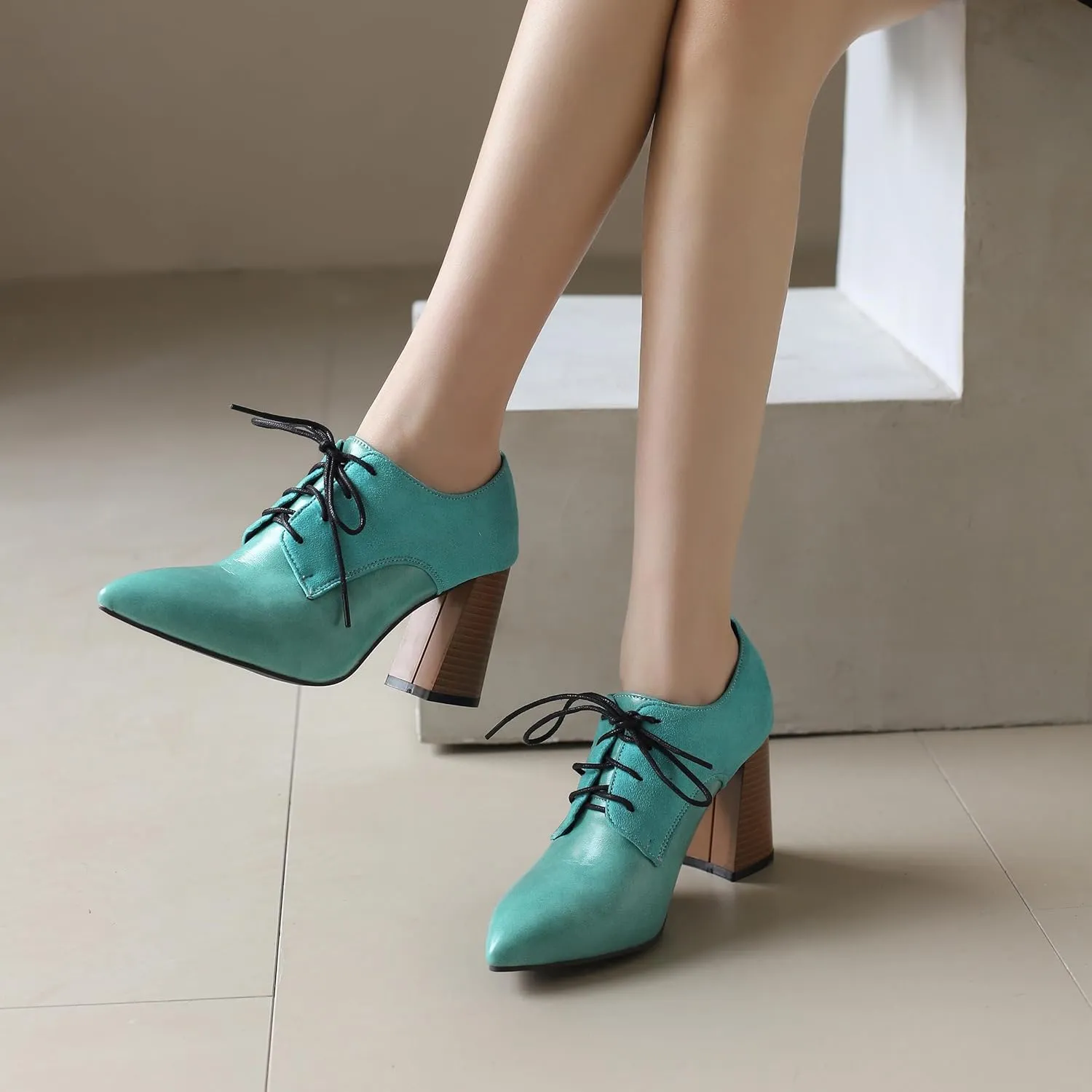 BEAUPAS Women's Lace Up Heeled Oxford Pointed Toe Chunky High Heels Pumps Block Heel Closed Toe Vintage Dress Shoes