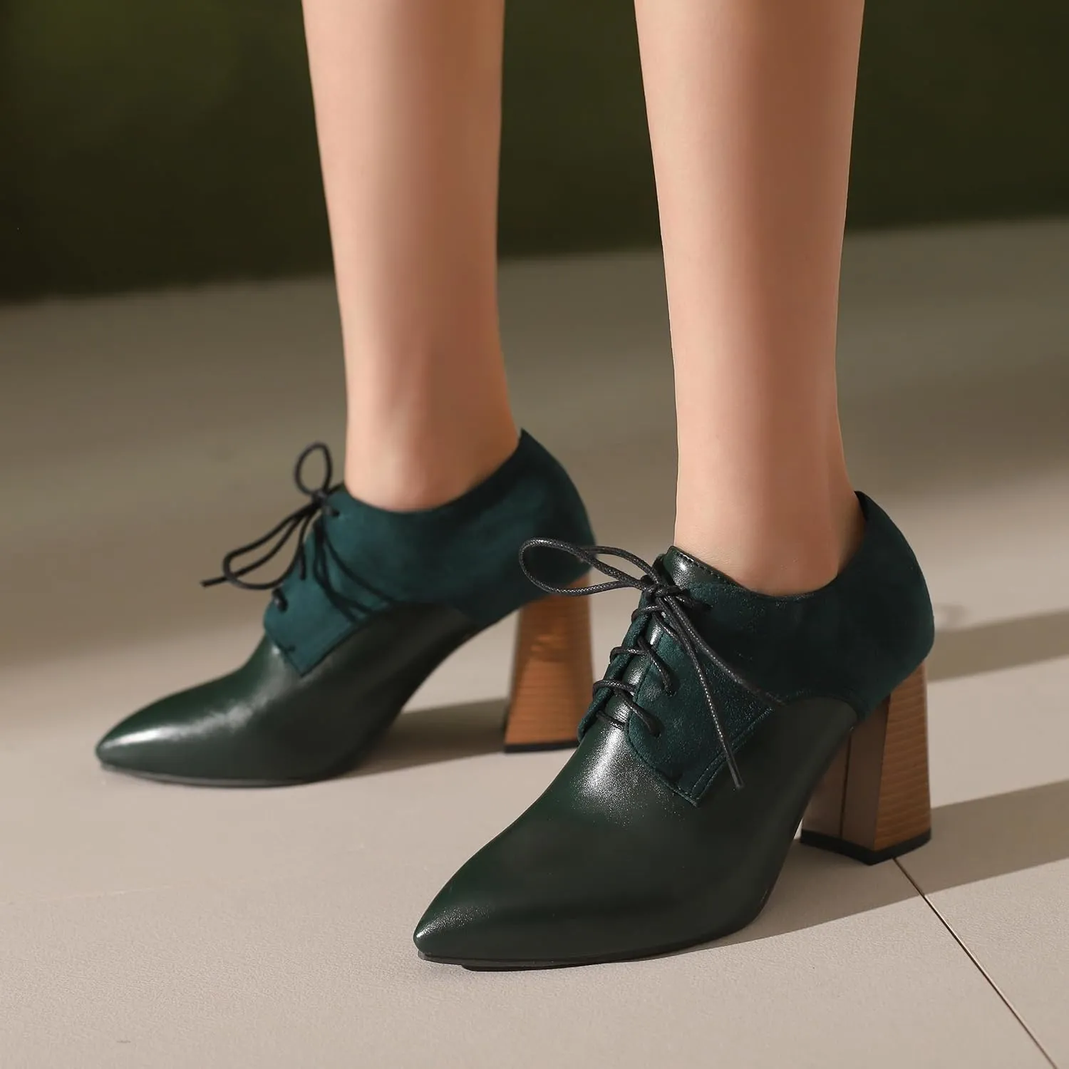 BEAUPAS Women's Lace Up Heeled Oxford Pointed Toe Chunky High Heels Pumps Block Heel Closed Toe Vintage Dress Shoes