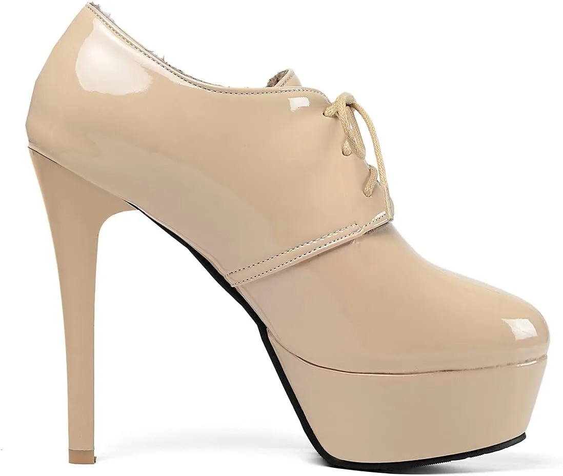 BEAUPAS Women's Patent Stiletto High Heels Lace Up Platform Pumps Oxford Booties Shoes