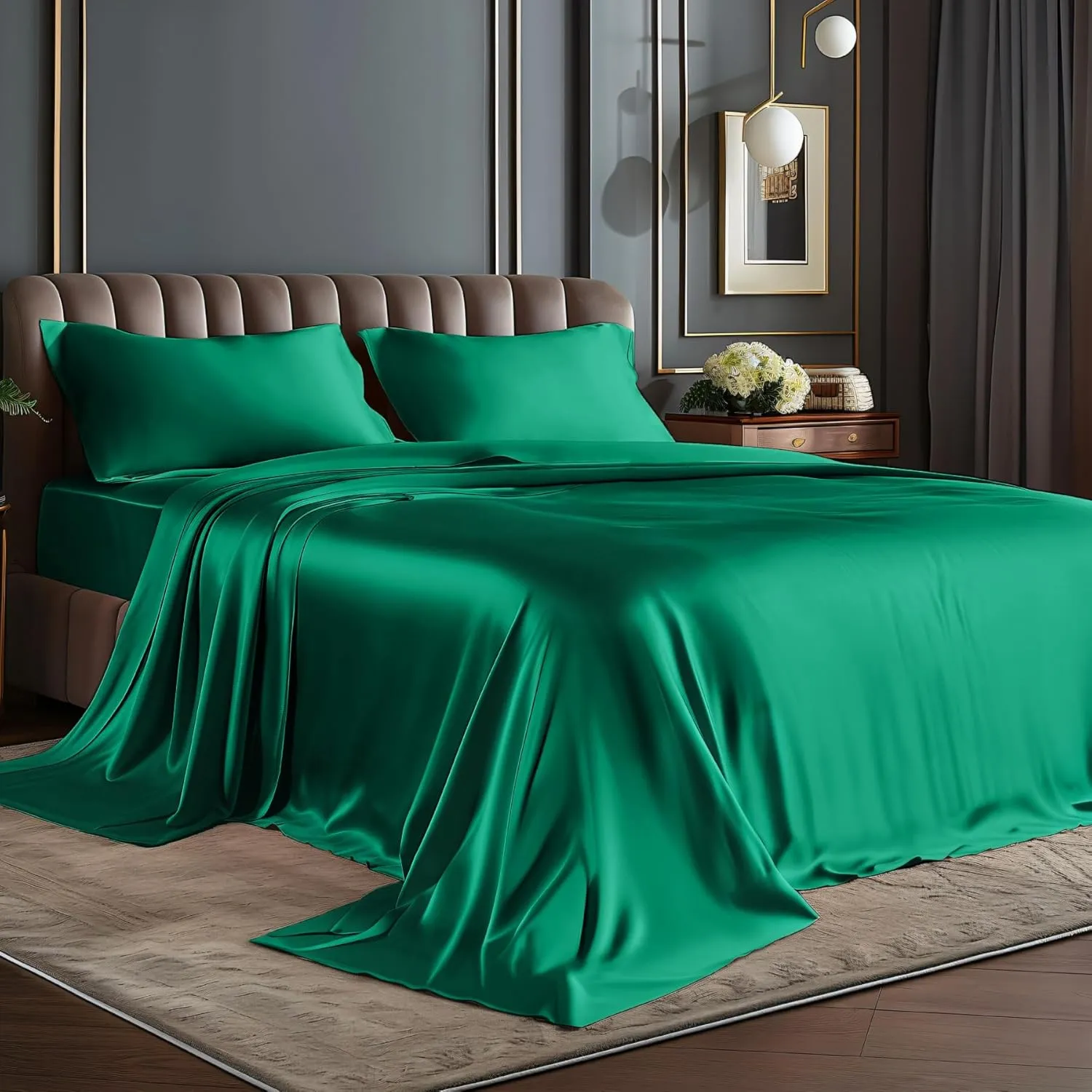 BEDELITE Satin Sheets Queen Size Bed Set, Luxury Soft Dark Green Sheets for Hair and Skin, Similar to Silk Bed Sheets Set 4 Pieces with 1 Deep Pocket Fitted Sheet, 1 Flat Sheet, and 2 Pillowcases