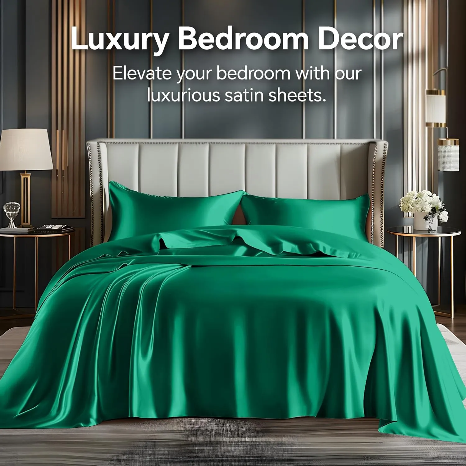 BEDELITE Satin Sheets Queen Size Bed Set, Luxury Soft Dark Green Sheets for Hair and Skin, Similar to Silk Bed Sheets Set 4 Pieces with 1 Deep Pocket Fitted Sheet, 1 Flat Sheet, and 2 Pillowcases