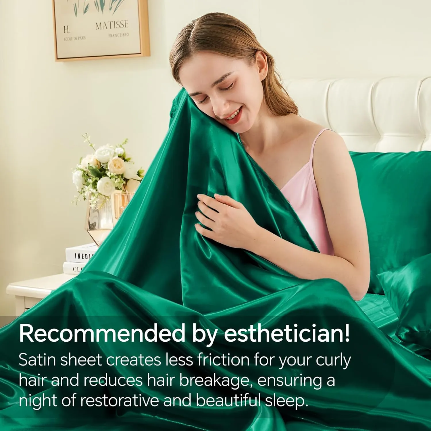BEDELITE Satin Sheets Queen Size Bed Set, Luxury Soft Dark Green Sheets for Hair and Skin, Similar to Silk Bed Sheets Set 4 Pieces with 1 Deep Pocket Fitted Sheet, 1 Flat Sheet, and 2 Pillowcases