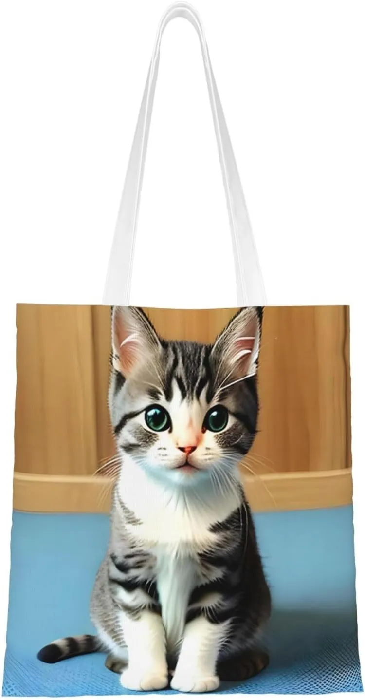 Bedroom kitten Pattern Double Sided Canvas Tote Bag, Reusable Grocery Shopping Bag, Carry or Shoulder ï¼Œ15x16.5 in